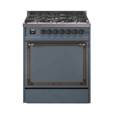 ILVE UN30QNMPBGB Nostalgie II Noblesse 30 inch Dual Fuel Range (Natural Gas, Solid Door, Blue Grey, Burnished)