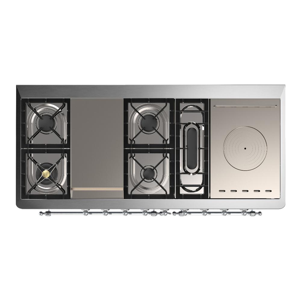 ILVE UM60FSQNR3BKCLP Majestic III 60 inch Dual Fuel Range with 7 Burners, Griddle and French Top, Dual Function Burner with up to 25,000 BTU (Liquid Propane, Solid Door, Glossy Black, Chrome)
