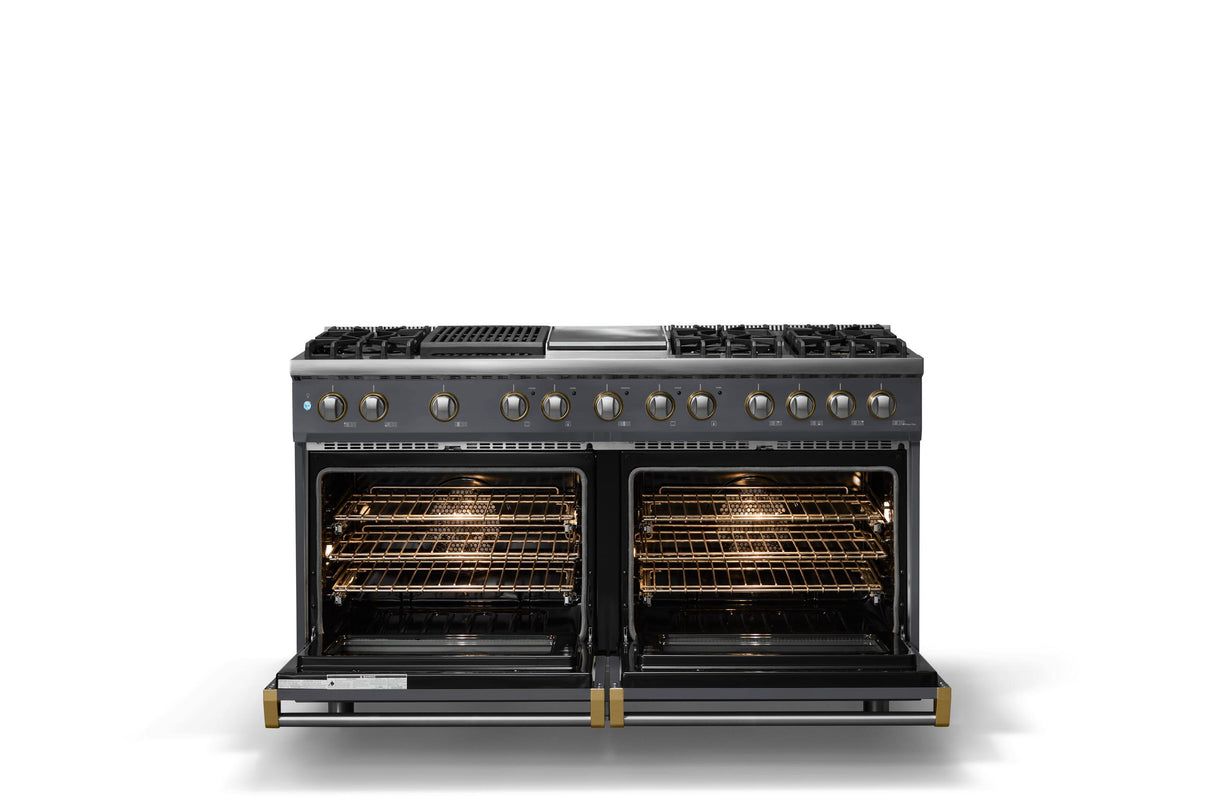 60"W.Dual Fuel Range (Finish: Cast Black, Trim: Polished Chrome, Fuel: Propane)
