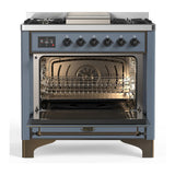 ILVE UM36FQNR3BGBLP Majestic III 36 inch Dual Fuel Range with 6 Black Brass Burners and Griddle, Dual Function Burner up to 25,000 BTU (Solid Door, Blue Grey, Burnished, Liquid Propane)
