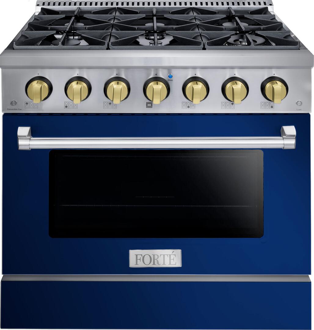 FGR366BBL42 36" All Gas Freestanding Range in Blue with Brass Knob Kit Set and Black Bezel Kit Set
