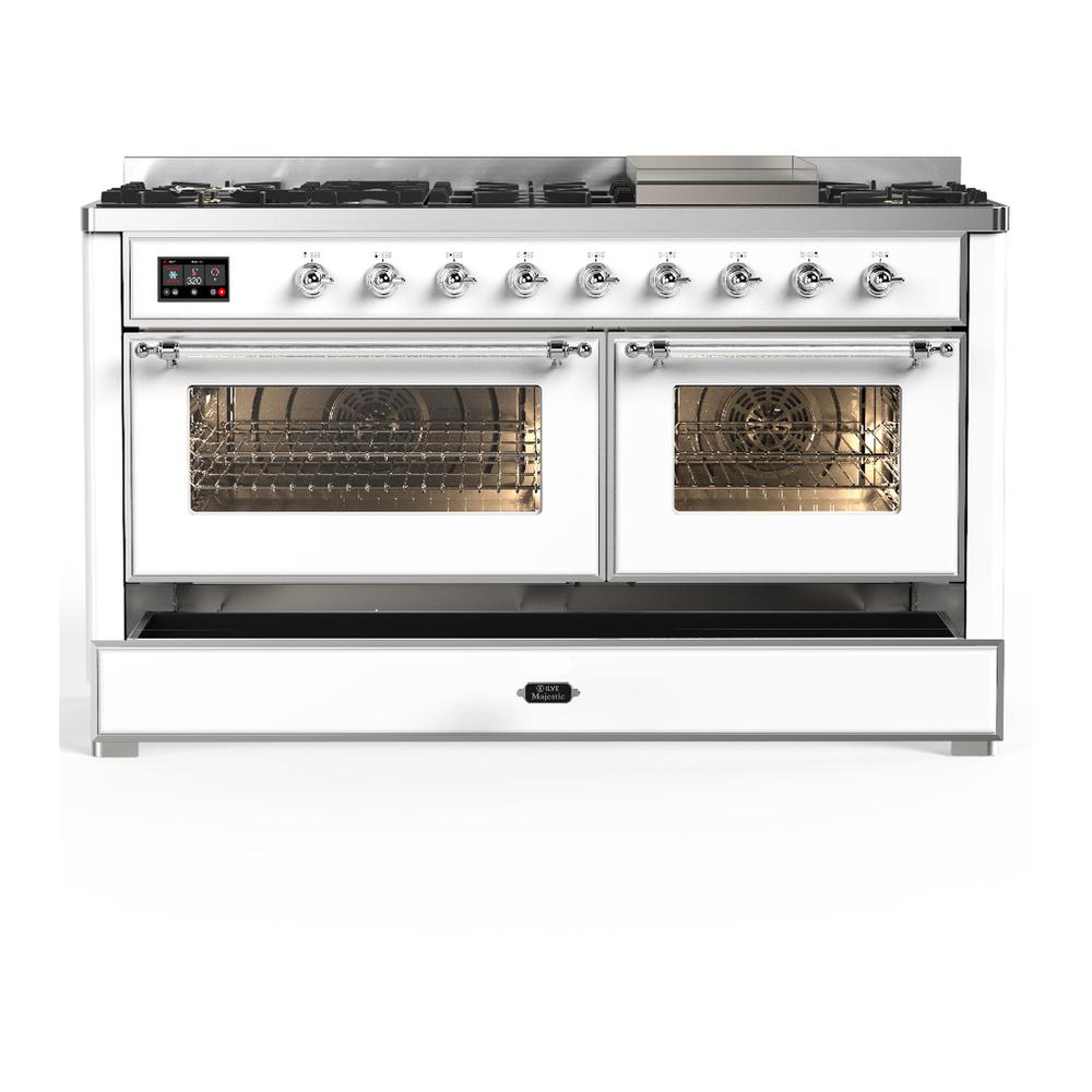 ILVE UM60FNR3WHCLP Majestic III 60 inch Dual Fuel Range with 9 Burners and Griddle, Dual Function Burner up to 25,000 BTU (Liquid Propane, Triple Glass Door, White, Chrome)