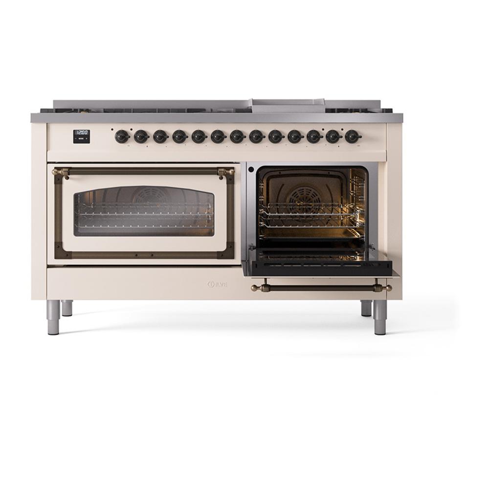 ILVE UN60FNMPAWB Nostalgie II Noblesse 60 inch Dual Fuel Range (9 Sealed Burners + Griddle, Natural Gas, Triple Glass Door, Antique White, Burnished)