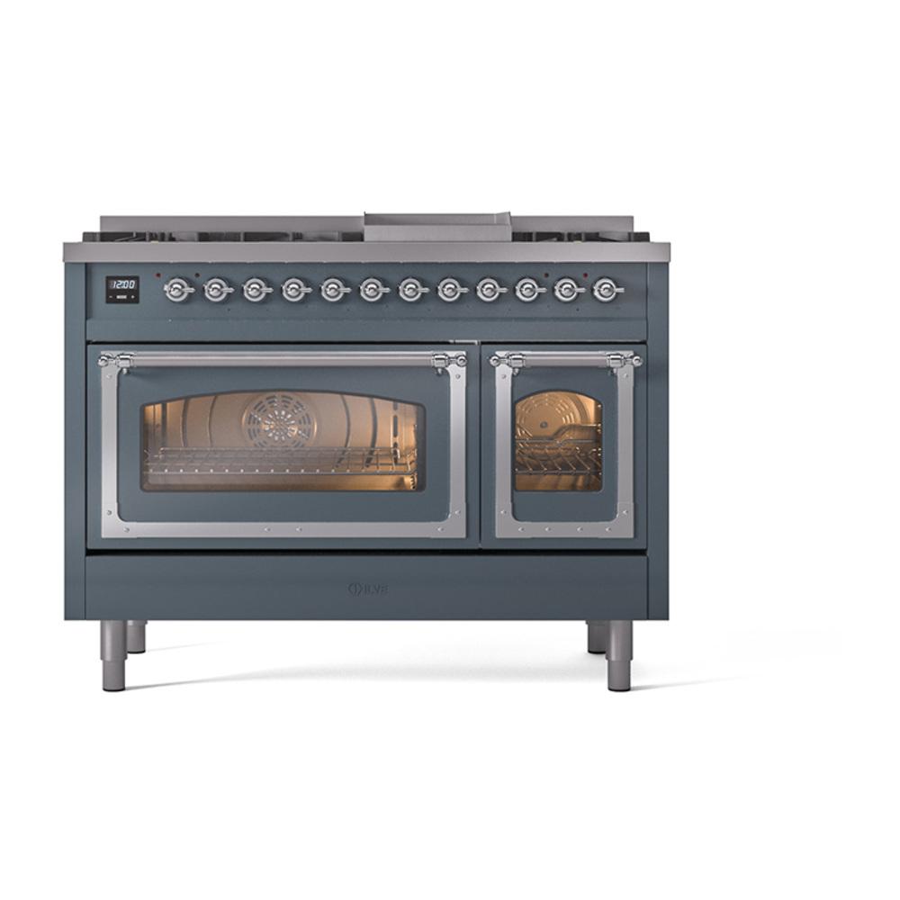 ILVE UN48FNMPBGCLP Nostalgie II Noblesse 48 inch Dual Fuel Range (8 Sealed Burners + Griddle, Liquid Propane, Triple Glass Door, Blue Grey, Chrome)