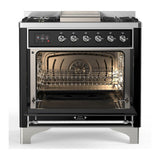 ILVE UM36FQNR3BKCLP Majestic III 36 inch Dual Fuel Range with 6 Black Brass Burners and Griddle, Dual Function Burner up to 25,000 BTU (Solid Door, Glossy Black, Chrome, Liquid Propane)