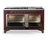ILVE UM60FQNR3BUBLP Majestic III 60 inch Dual Fuel Range with 9 Burners and Griddle, Dual Function Burner up to 25,000 BTU (Liquid Propane, Solid Door, Burgundy, Burnished)