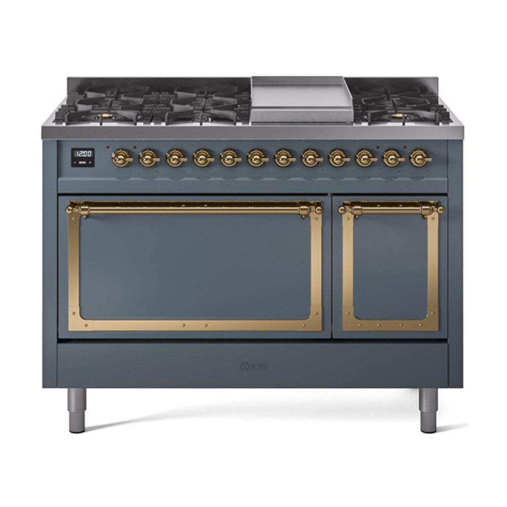 ILVE UN48FQNMPBGGLP Nostalgie II Noblesse 48 inch Dual Fuel Range (8 Sealed Burners + Griddle, Liquid Propane, Solid Door, Blue Grey, Brass)