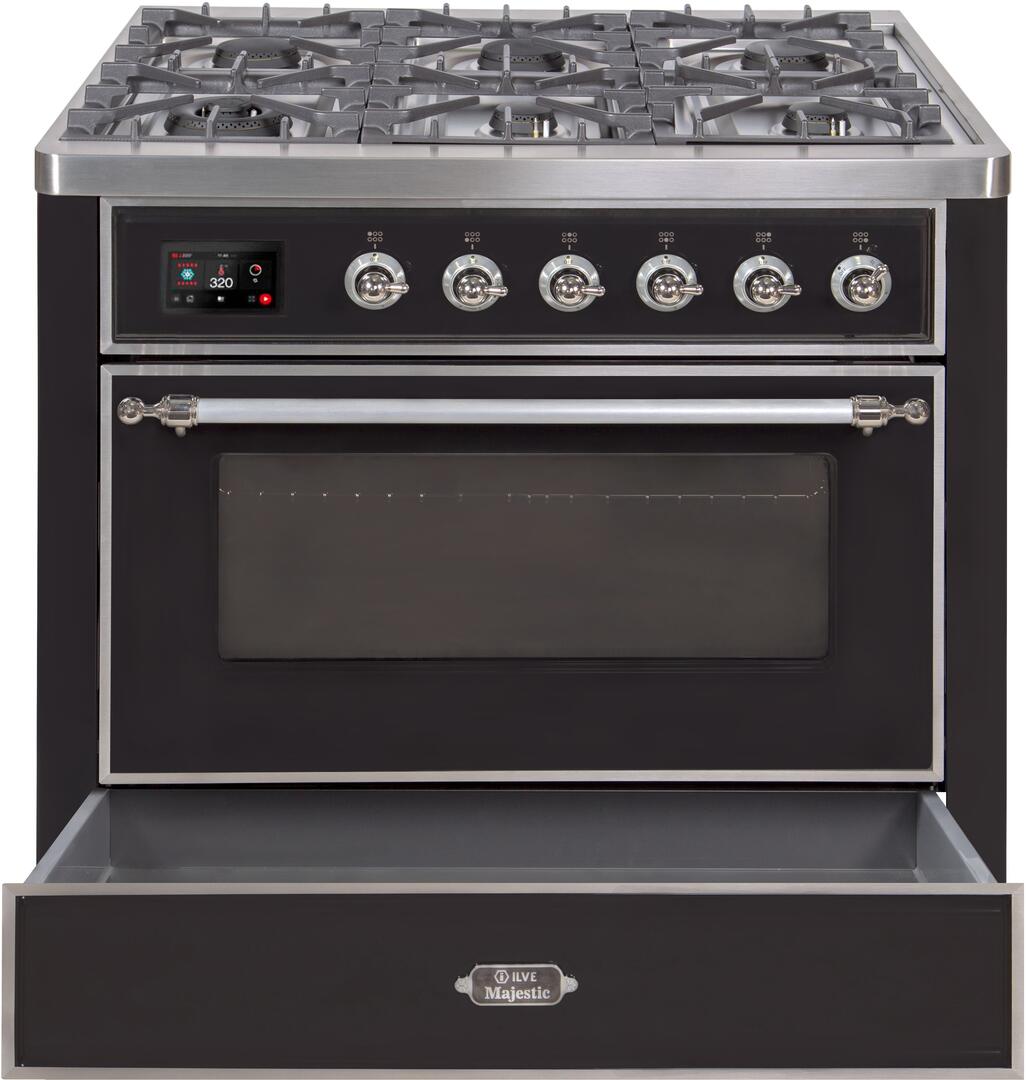 Majestic II 36 Inch Dual Fuel Natural Gas Freestanding Range in Glossy Black with Chrome Trim
