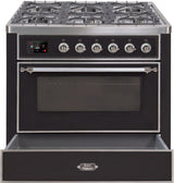 Majestic II 36 Inch Dual Fuel Natural Gas Freestanding Range in Glossy Black with Chrome Trim