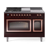 ILVE UN48FSNMPBUP Nostalgie II Noblesse 48 inch Dual Fuel Range (5 Sealed Burners + Griddle + French Top, Natural Gas, Triple Glass Door, Burgundy, Copper)