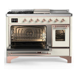 ILVE UM48FSNR3AWPLP Majestic III 48 inch Dual Fuel Range with 5 Black Brass Burners, Griddle and French Top, Dual Function Burner up to 25,000 BTU (Liquid Propane, Triple Glass Door, Antique White, Copper)