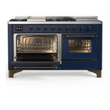 ILVE UM60FSNR3MBBLP Majestic III 60 inch Dual Fuel Range with 7 Burners, Griddle and French Top, Dual Function Burner with up to 25,000 BTU (Liquid Propane, Triple Glass Door, Midnight Blue, Burnished)