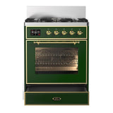 ILVE UM30NR3EGG Majestic III 30 inch Dual Fuel Range with 5 Black Brass Burners, Dual Function Burner up to 25,000 BTU (Natural Gas, Triple Glass Door, Emerald Green, Brass)