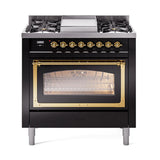 ILVE UN36FNMPBKGLP Nostalgie II Noblesse 36 inch Dual Fuel Range (Liquid Propane, Triple Glass Door, Glossy Black, Brass)