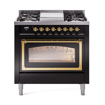 ILVE UN36FNMPBKGLP Nostalgie II Noblesse 36 inch Dual Fuel Range (Liquid Propane, Triple Glass Door, Glossy Black, Brass)