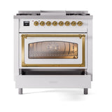 ILVE UN36FNMPWHGLP Nostalgie II Noblesse 36 inch Dual Fuel Range (Liquid Propane, Triple Glass Door, White, Brass)