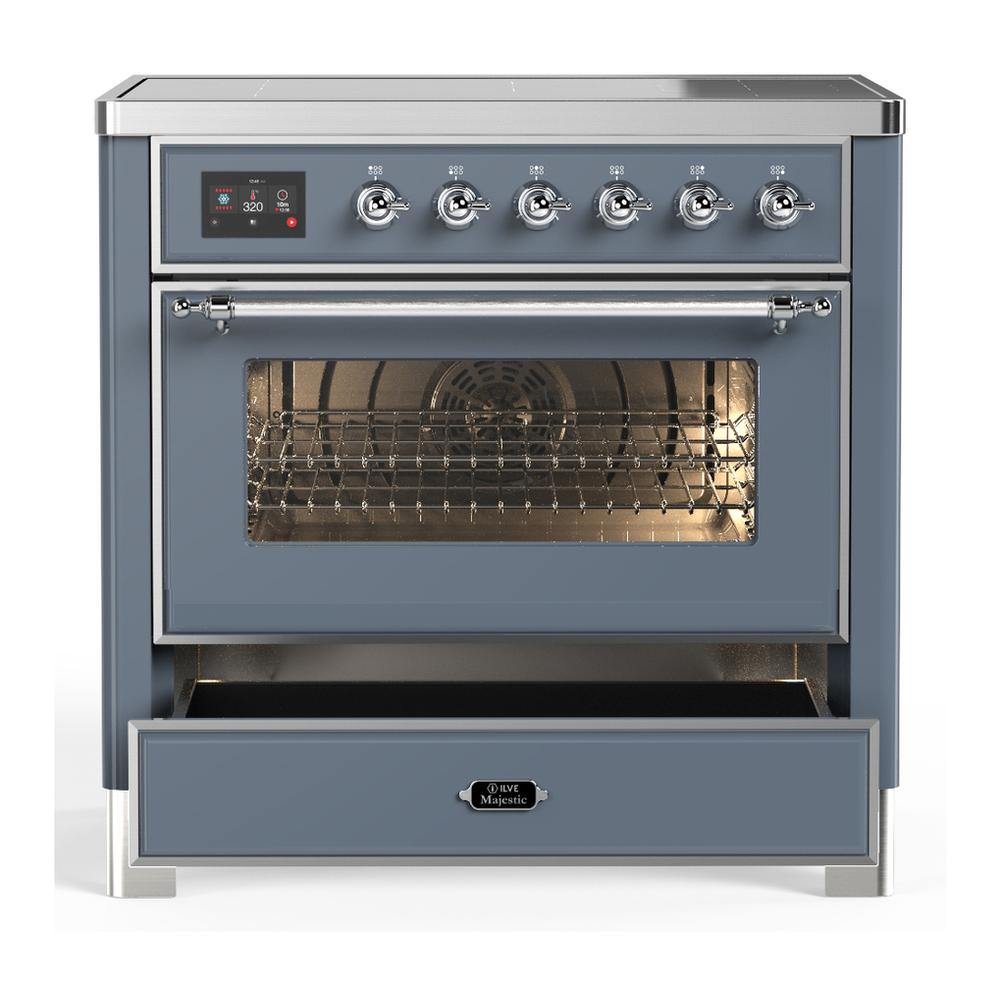 ILVE UMIB36NR3BGC Majestic III 36 inch Induction Range with 6 Elements, 3.5 cu. ft. Total Oven Capacity (Triple Glass Door, Blue Grey, Chrome)