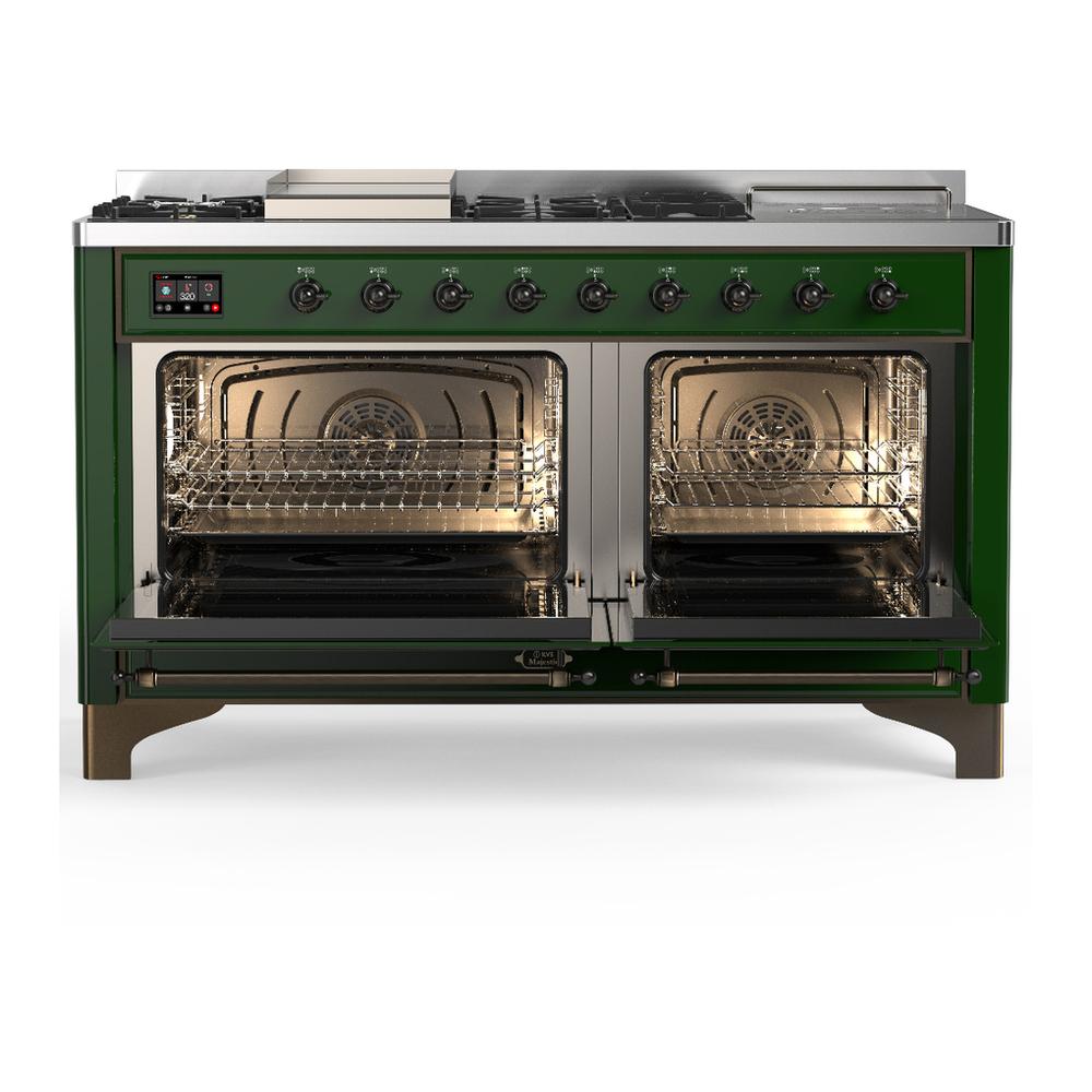 ILVE UM60FSNR3EGBLP Majestic III 60 inch Dual Fuel Range with 7 Burners, Griddle and French Top, Dual Function Burner with up to 25,000 BTU (Liquid Propane, Triple Glass Door, Emerald Green, Burnished)