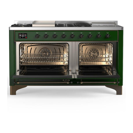 ILVE UM60FSNR3EGBLP Majestic III 60 inch Dual Fuel Range with 7 Burners, Griddle and French Top, Dual Function Burner with up to 25,000 BTU (Liquid Propane, Triple Glass Door, Emerald Green, Burnished)