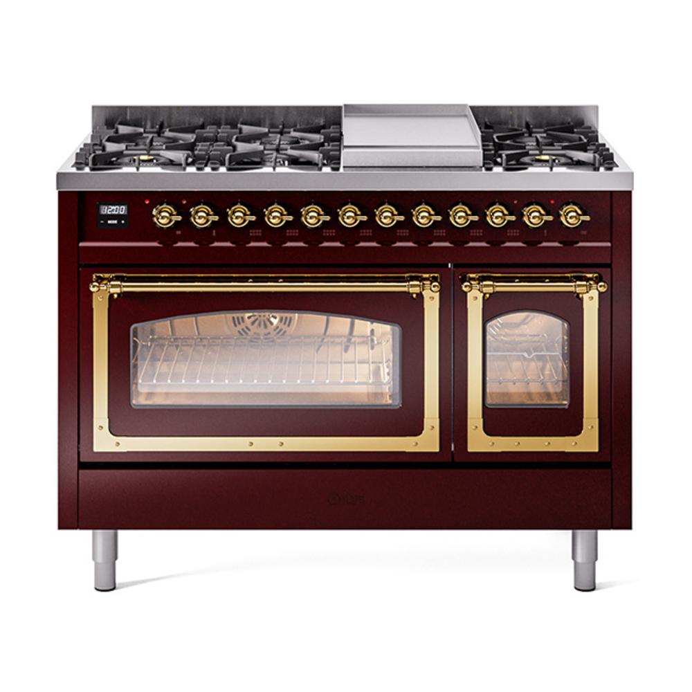 ILVE UN48FNMPBUG Nostalgie II Noblesse 48 inch Dual Fuel Range (8 Sealed Burners + Griddle, Natural Gas, Triple Glass Door, Burgundy, Brass)