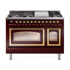 ILVE UN48FNMPBUG Nostalgie II Noblesse 48 inch Dual Fuel Range (8 Sealed Burners + Griddle, Natural Gas, Triple Glass Door, Burgundy, Brass)