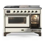 ILVE UM48FSNR3AWBLP Majestic III 48 inch Dual Fuel Range with 5 Black Brass Burners, Griddle and French Top, Dual Function Burner up to 25,000 BTU (Liquid Propane, Triple Glass Door, Antique White, Burnished)