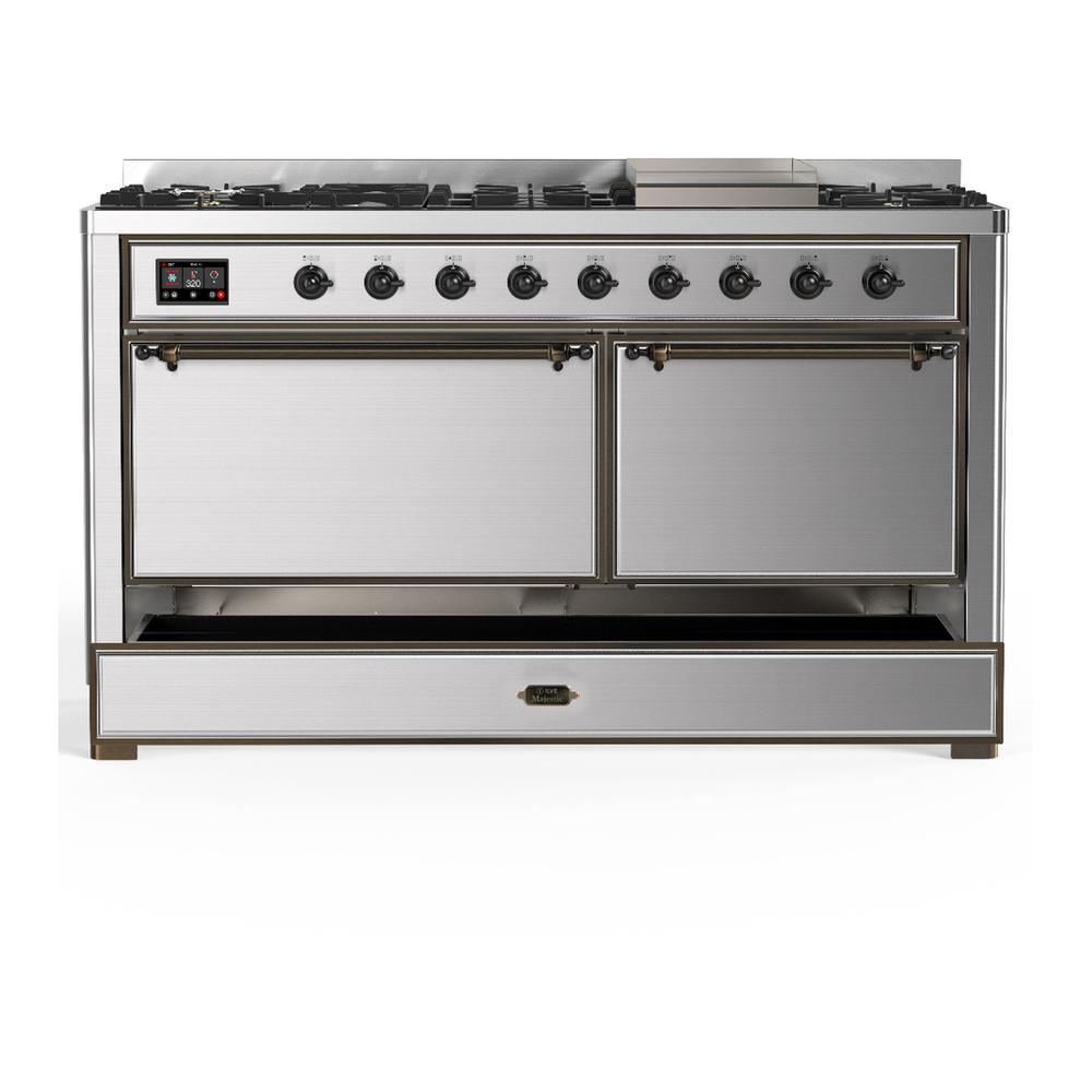 ILVE UM60FQNR3SSBLP Majestic III 60 inch Dual Fuel Range with 9 Burners and Griddle, Dual Function Burner up to 25,000 BTU (Liquid Propane, Solid Door, Stainless Steel, Burnished)