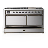 ILVE UM60FQNR3SSBLP Majestic III 60 inch Dual Fuel Range with 9 Burners and Griddle, Dual Function Burner up to 25,000 BTU (Liquid Propane, Solid Door, Stainless Steel, Burnished)