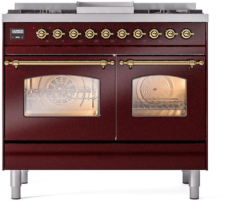 Nostalgie II 40 Inch Dual Fuel Natural Gas Freestanding Range in Burgundy with Brass Trim