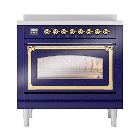 ILVE UNI366NMPMBG Nostalgie II Noblesse 36 inch Induction Range (Triple Glass Door, Midnight Blue, Brass)