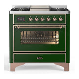 ILVE UM36FNR3EGPLP Majestic III 36 inch Dual Fuel Range with 6 Black Brass Burners and Griddle, Dual Function Burner up to 25,000 BTU (Triple Glass Door, Emerald Green, Copper, Liquid Propane)