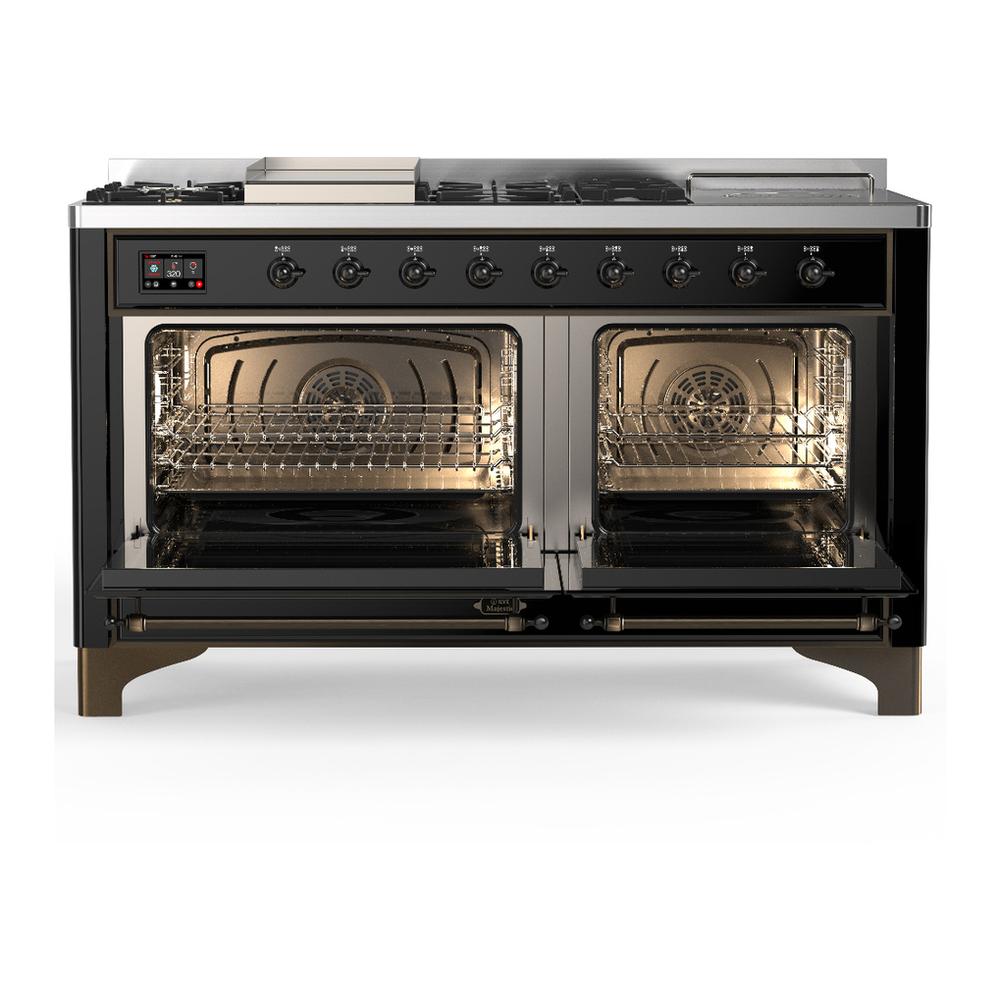 ILVE UM60FSQNR3BKBLP Majestic III 60 inch Dual Fuel Range with 7 Burners, Griddle and French Top, Dual Function Burner with up to 25,000 BTU (Liquid Propane, Solid Door, Glossy Black, Burnished)