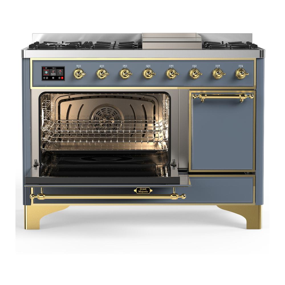 ILVE UM48FQNR3BGG Majestic III 48 inch Dual Fuel Range with 8 Burners and Griddle, Dual Function Burner up to 25,000 BTU (Natural Gas, Solid Door, Blue Grey, Brass)