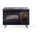 ILVE UN48FSNMPMBBLP Nostalgie II Noblesse 48 inch Dual Fuel Range (5 Sealed Burners + Griddle + French Top, Liquid Propane, Triple Glass Door, Midnight Blue, Burnished)