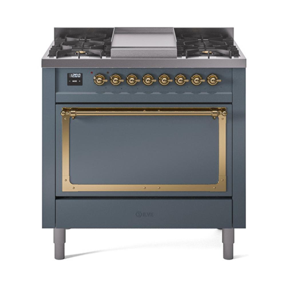ILVE UN36FQNMPBGG Nostalgie II Noblesse 36 inch Dual Fuel Range (Natural Gas, Solid Door, Blue Grey, Brass)