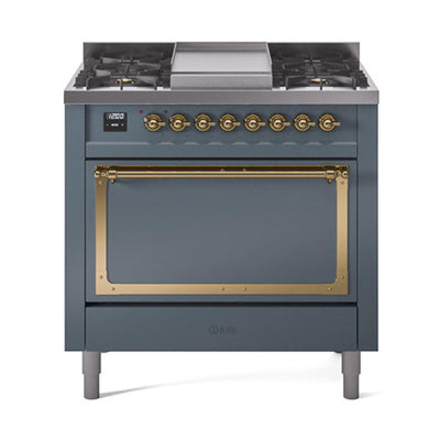 ILVE UN36FQNMPBGG Nostalgie II Noblesse 36 inch Dual Fuel Range (Natural Gas, Solid Door, Blue Grey, Brass)