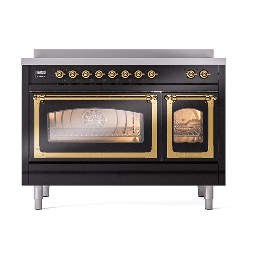 ILVE UNI486NMPBKG Nostalgie II Noblesse 48 inch Induction Range (Triple Glass Door, Glossy Black, Brass)