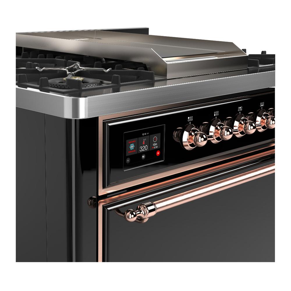 ILVE UM36FQNR3BKPLP Majestic III 36 inch Dual Fuel Range with 6 Black Brass Burners and Griddle, Dual Function Burner up to 25,000 BTU (Solid Door, Glossy Black, Copper, Liquid Propane)