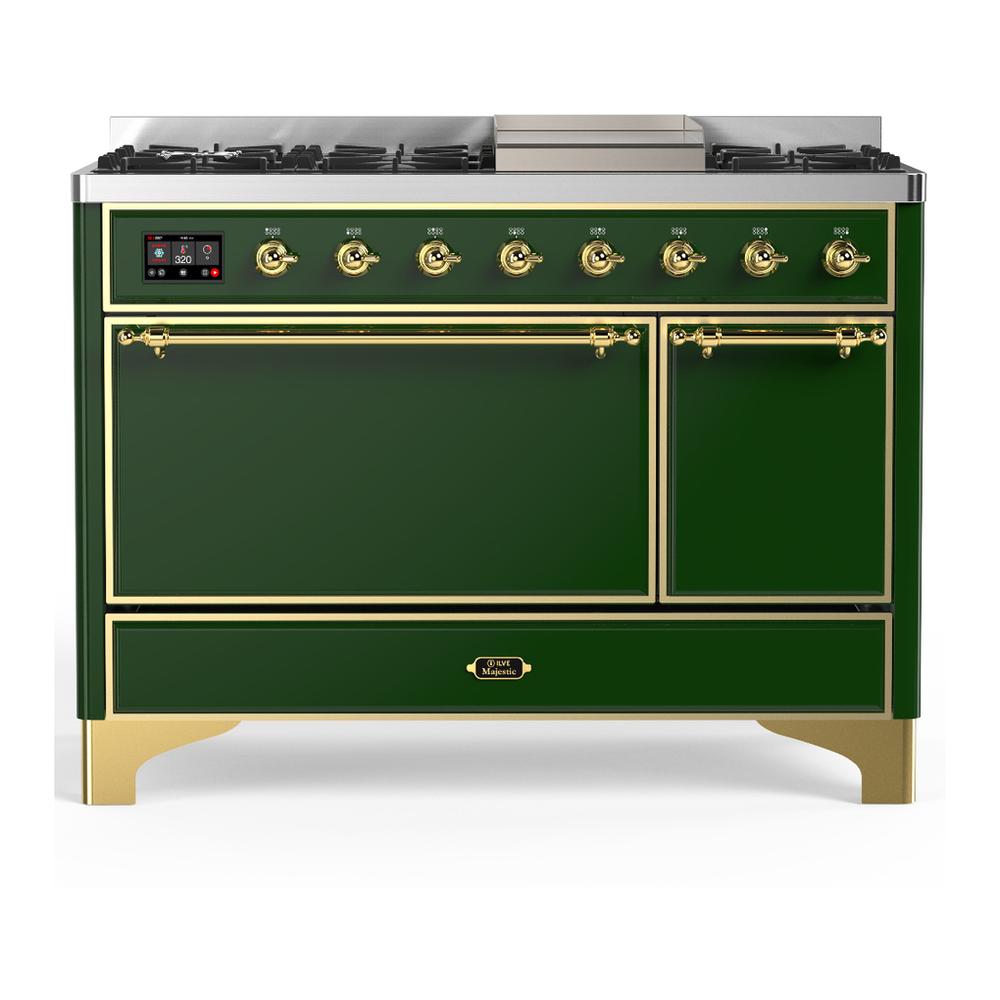 ILVE UM48FQNR3EGGLP Majestic III 48 inch Dual Fuel Range with 8 Burners and Griddle, Dual Function Burner up to 25,000 BTU (Liquid Propane, Solid Door, Emerald Green, Brass)