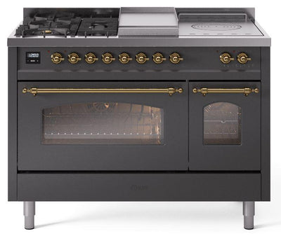 Nostalgie II 48 Inch Dual Fuel Liquid Propane Freestanding Range in Matte Graphite with Brass Trim