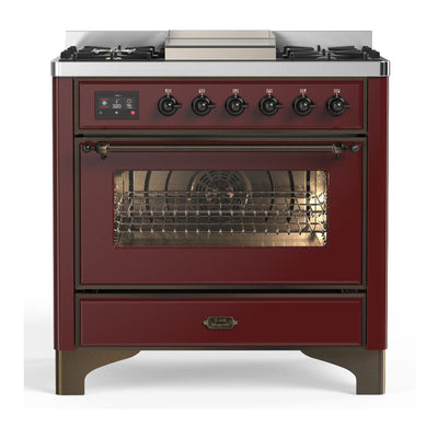 ILVE UM36FNR3BUB Majestic III 36 inch Dual Fuel Range with 6 Black Brass Burners and Griddle, Dual Function Burner up to 25,000 BTU (Triple Glass Door, Burgundy, Burnished, Natural Gas)