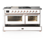ILVE UM60FSNR3WHPLP Majestic III 60 inch Dual Fuel Range with 7 Burners, Griddle and French Top, Dual Function Burner with up to 25,000 BTU (Liquid Propane, Triple Glass Door, White, Copper)