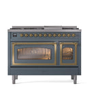 ILVE UN48FNMPBGG Nostalgie II Noblesse 48 inch Dual Fuel Range (8 Sealed Burners + Griddle, Natural Gas, Triple Glass Door, Blue Grey, Brass)