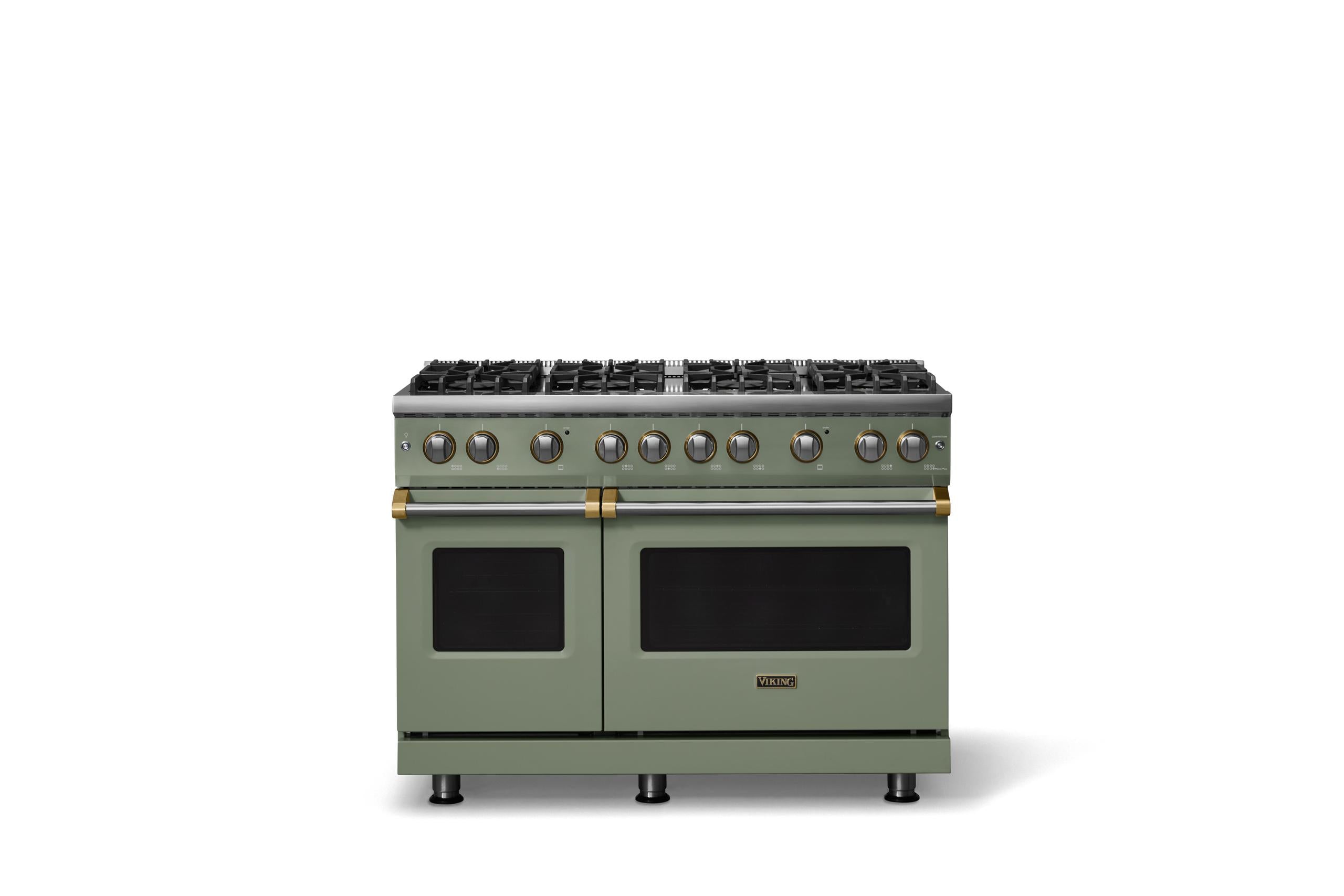 48"W. Sealed Burner Gas Range (Burner: 8b, Finish: Eucalyptus, Trim: Brushed Brass, Fuel: Natural Gas)