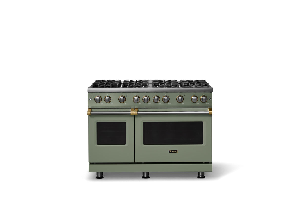 48"W. Sealed Burner Gas Range (Burner: 8b, Finish: Eucalyptus, Trim: Brushed Brass, Fuel: Propane)