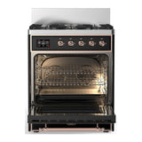 ILVE UM30NR3BKPLP Majestic III 30 inch Dual Fuel Range with 5 Black Brass Burners, Dual Function Burner up to 25,000 BTU (Liquid Propane, Triple Glass Door, Glossy Black, Copper)