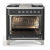 ILVE UM36FNR3MGC Majestic III 36 inch Dual Fuel Range with 6 Black Brass Burners and Griddle, Dual Function Burner up to 25,000 BTU (Triple Glass Door, Graphite Matte, Chrome, Natural Gas)