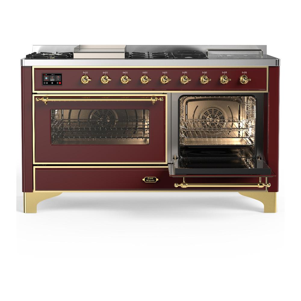 ILVE UM60FSNR3BUGLP Majestic III 60 inch Dual Fuel Range with 7 Burners, Griddle and French Top, Dual Function Burner with up to 25,000 BTU (Liquid Propane, Triple Glass Door, Burgundy, Brass)