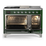 ILVE UM48FSQNR3EGC Majestic III 48 inch Dual Fuel Range with 5 Black Brass Burners, Griddle and French Top, Dual Function Burner up to 25,000 BTU (Natural Gas, Solid Door, Emerald Green, Chrome)