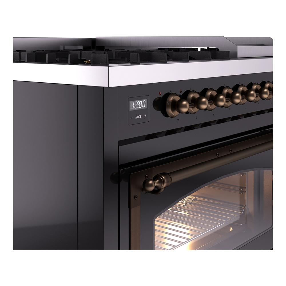ILVE UN48FNMPBKB Nostalgie II Noblesse 48 inch Dual Fuel Range (8 Sealed Burners + Griddle, Natural Gas, Triple Glass Door, Glossy Black, Burnished)